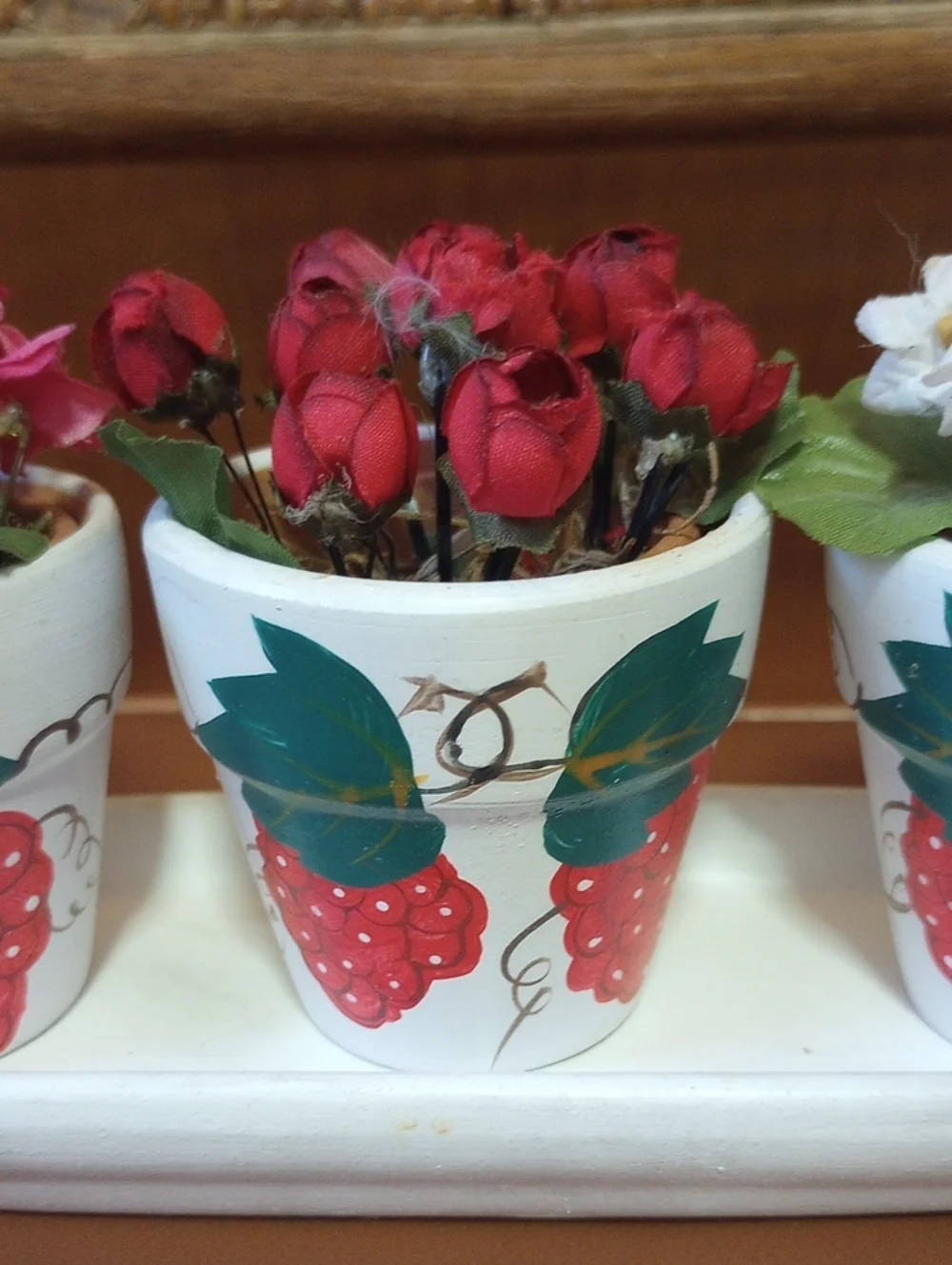3 Potted Faux Floral Arrangement Set w/ Caddy.  & Strawberry/Raspberry Design